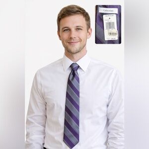 Calvin Klein Purple Gray Striped Tie Men Silk Look NWT